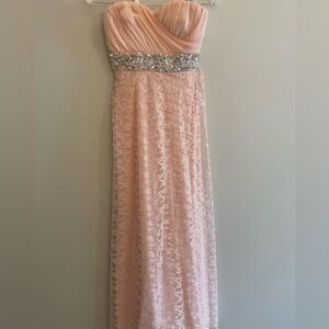 Pink lace prom dress with gems